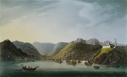 Vue du côté ouest de la baie de Porto Ferraio, Elbe, gravée par Francis Jukes, publiée par J. Daniell, avril 1814